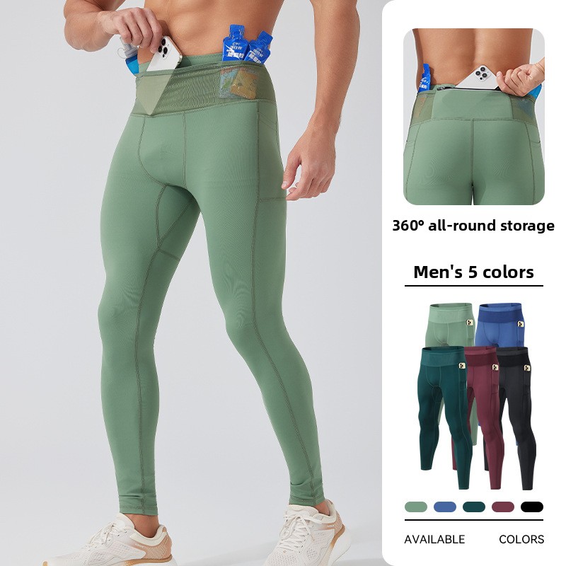 Compression Long Pant - Heren, hoge elastische hardloopcompressiebroek, meerdere zakken,
